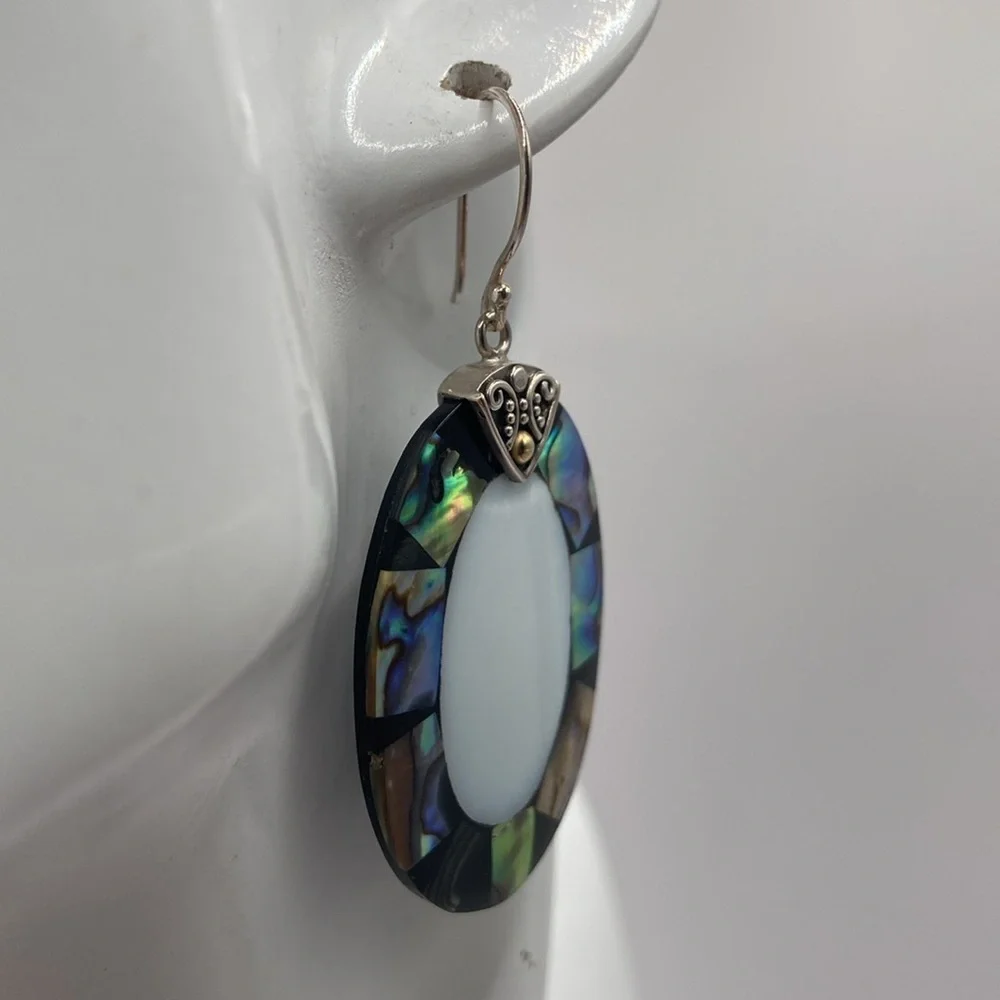Robert Manse Sterling Silver 18K Abalone Mother of Pearl Earrings 2 1/4”L - Picture 12 of 13